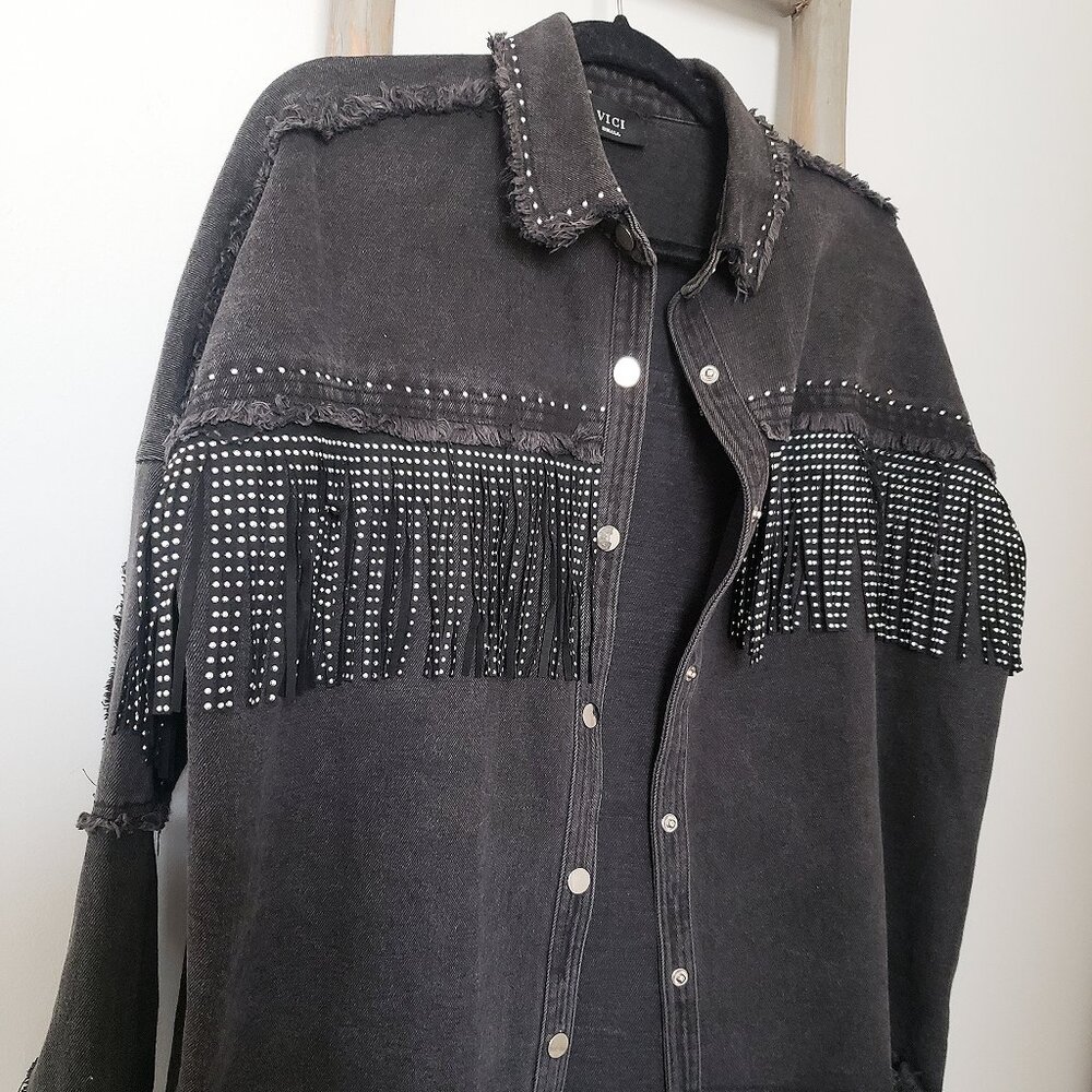 Black Studded Fringe Shacket - Picture 2 of 6